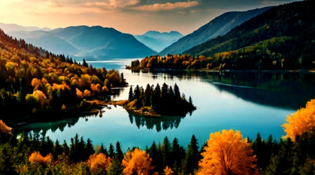 Beautiful autumn alpine landscape with lake and mountains in the background