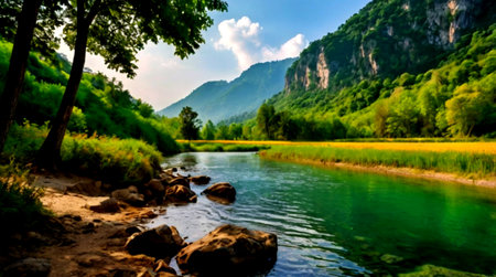 Landscape of the mountain river in the summer. The river flows through the gorge.