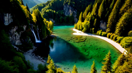 panoramic view of turquoise water of braies lake in italy