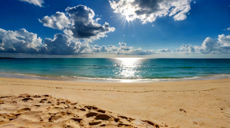 tropical beach under blue sky with white clouds and sunbeams