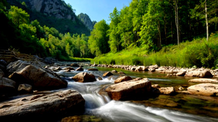 Mountain river in the forest in summer. Beautiful view of the mountain river