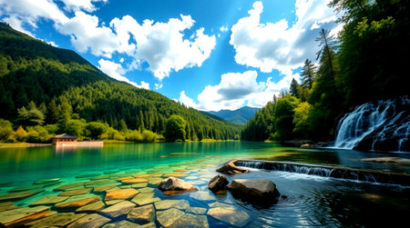 Landscape view of beautiful mountain lake with clear water and blue sky
