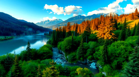 panoramic view of alpine lake. beautiful nature scenery with mountains and forest