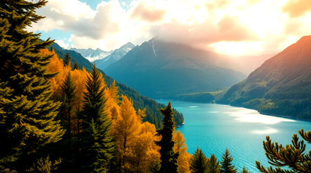Mountain lake in the mountains at sunset. Beautiful nature landscape.