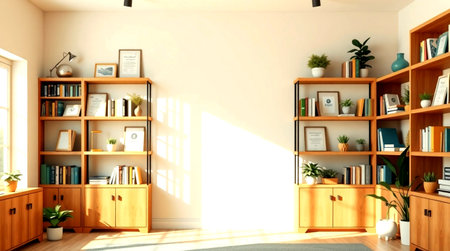 Interior of modern living room with bookshelf and plants. 3D renderingの写真素材