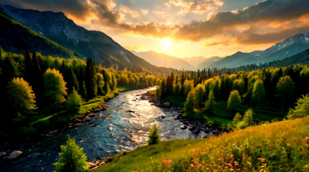 Panoramic view of the mountain river and forest at sunset. Beautiful summer landscape.の写真素材