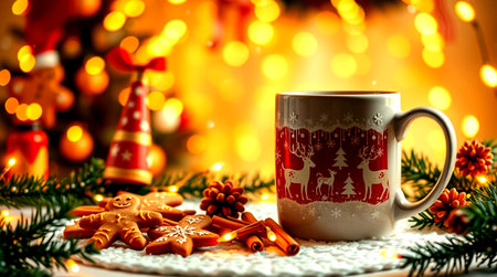 Cup of hot drink with gingerbread cookies and Christmas decorations on bokeh backgroundの写真素材