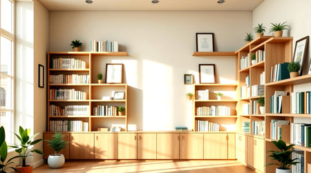 3d rendering of bookshelves with books and plants in room