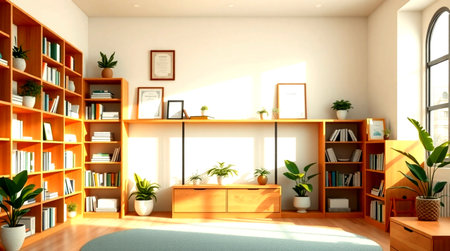 3D rendering of a modern interior with bookshelves and plantsの写真素材