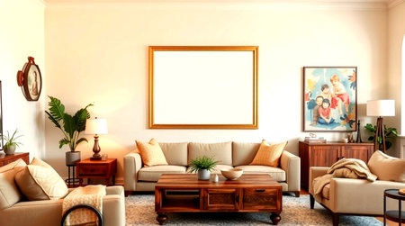 Interior of a living room with a sofa, a coffee table and a picture in a frame