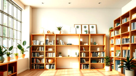 3d rendering of bookshelves in the living room with plantsの写真素材