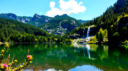 Beautiful alpine lake with waterfall in Italy