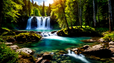 Panoramic view of the beautiful waterfall in the Carpathian mountainsの写真素材