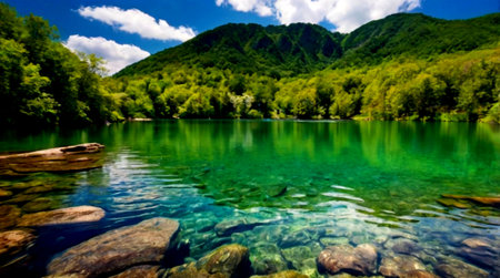 Beautiful mountain lake with clear water and green forest on the backgroundの写真素材