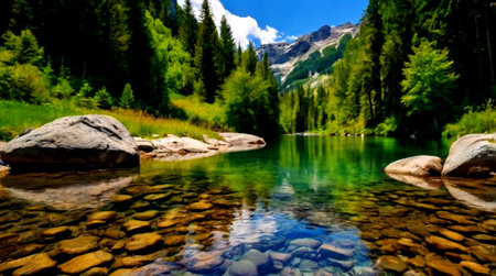 Mountain lake with clear water and rocks on the background of mountains