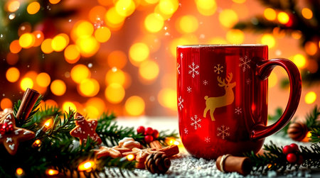 Mug of hot drink with christmas decoration on bokeh backgroundの写真素材