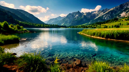 panoramic view of alpine lake with clear water and green grass
