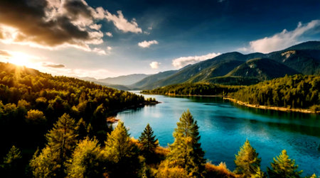 Panoramic view of the mountain lake in the Carpathian mountainsの写真素材