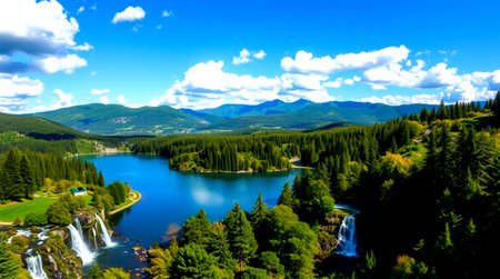 Beautiful mountain lake with blue sky and white clouds in the summerの写真素材
