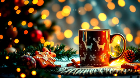 Cup of hot drink with christmas decoration on bokeh backgroundの写真素材