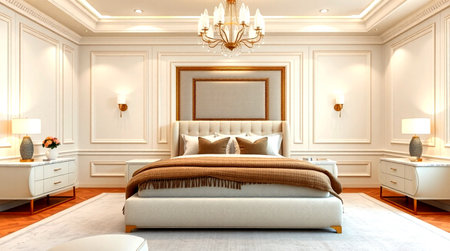3d rendering luxury classic bedroom suite in hotel with lighting from windowの写真素材