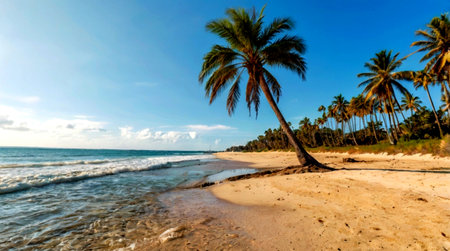 Panoramic view of a tropical beach with palm trees and sandの写真素材