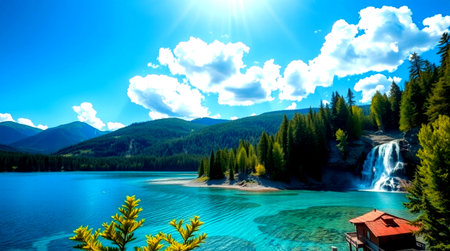 Fantastic view of beautiful lake in the mountains. Picturesque and gorgeous scene.の写真素材