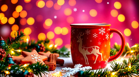 Christmas and New Year background with cup of coffee, cookies and fir tree branches on bokeh backgroundの写真素材