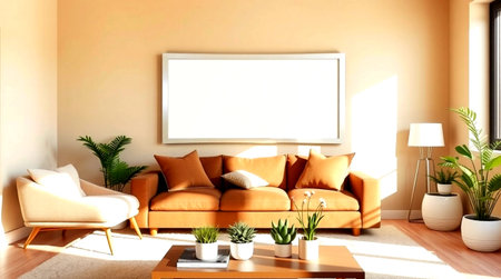 interior with sofa and mock up poster frame 3D Illustrationの写真素材