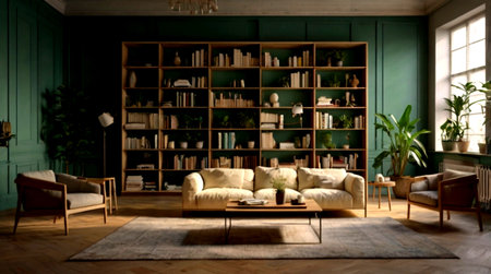 3D rendering of a green living room with a bookcase and a sofaの写真素材