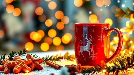 Cup of hot drink with christmas decoration on bokeh backgroundの写真素材