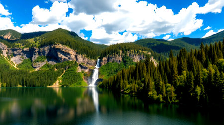 Mountain landscape with a waterfall on a lake in the mountains.の写真素材