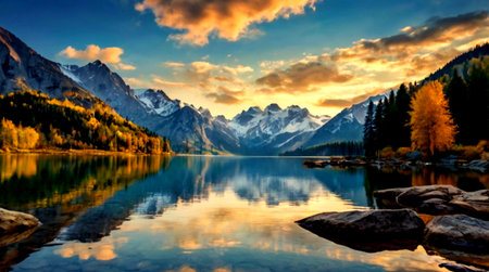 Sunset on the lake. Mountain lake with reflection in water.