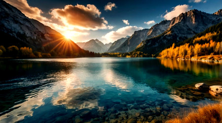 Sunset at the lake of Braies, Dolomites, Italyの写真素材