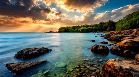 Beautiful seascape. Dramatic sky over the sea.の写真素材