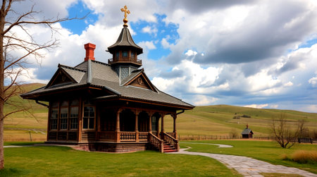 Wooden church in the middle of a green field and blue sky