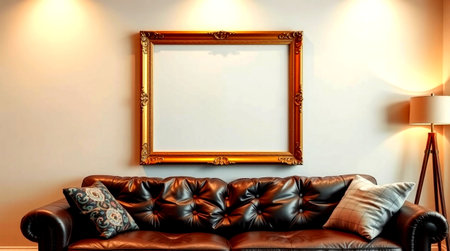 Interior of a living room with a brown leather sofa and a picture frame
