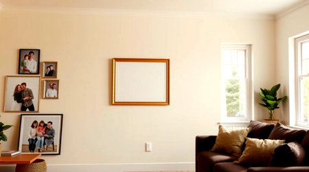 Interior of a living room with picture frames on the wall.