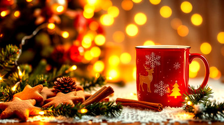 Cup of tea or coffee with christmas decoration on bokeh background