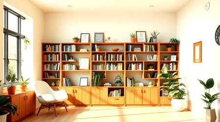 3D rendering of a beautiful interior of a room with a bookcase