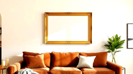 Interior of modern living room with brown sofa and empty picture frame