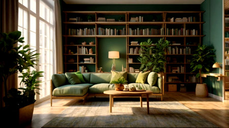 Interior of modern living room with green sofa and bookshelfの写真素材