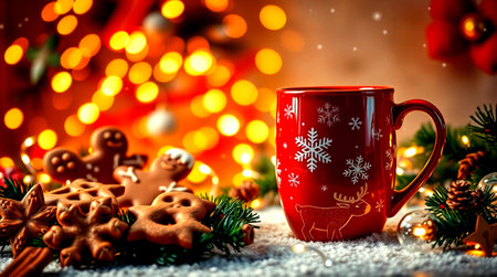 Cup of hot drink with christmas decoration on bokeh background