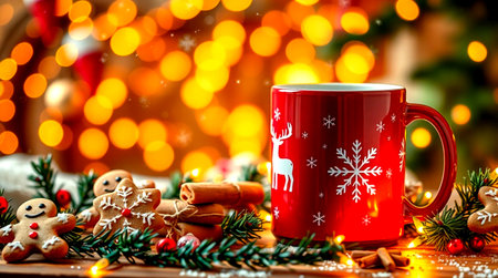 Red cup of hot drink with Christmas decoration on bokeh background