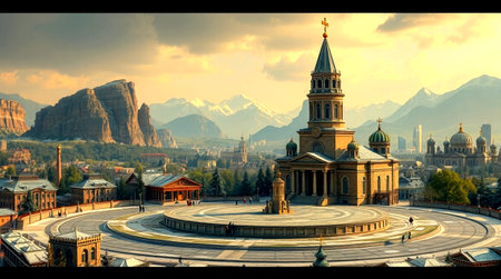 Montserrat, Catalonia, Spain. Panoramic view of Montserrat Monastery.