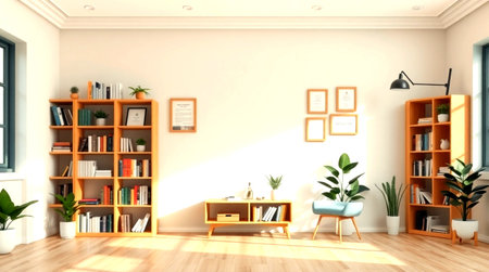 Interior of a modern living room with bookshelves - rendering
