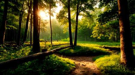 Sunset in the forest. Beautiful summer landscape with sun rays.の写真素材