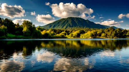 Beautiful mountain lake landscape with reflection in water. Panorama.の写真素材
