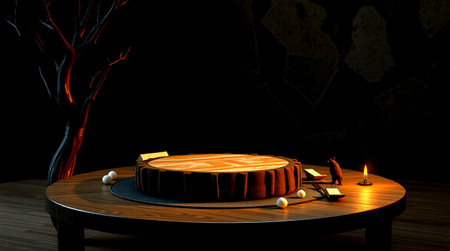 3D render of a beautiful round cake on the wooden table with black backgroundの写真素材