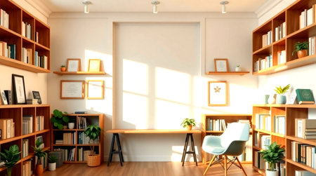 3D Illustration of an office interior with bookshelves.